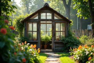Serre en bois vieillie dans un jardin ensoleille avec plantes
