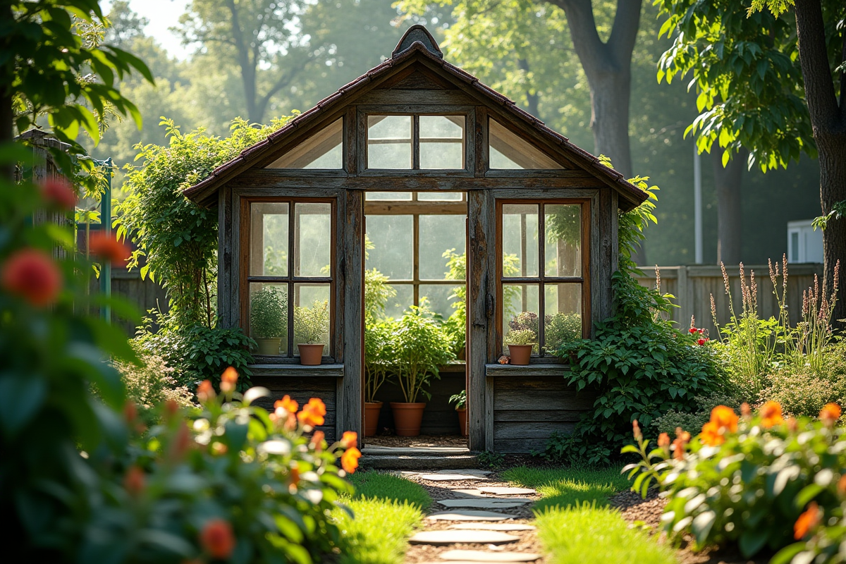 Serre en bois vieillie dans un jardin ensoleille avec plantes