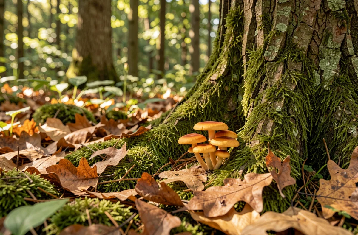 Sous-bois de hêtres et de chênes avec des girolles au pied d'un arbre