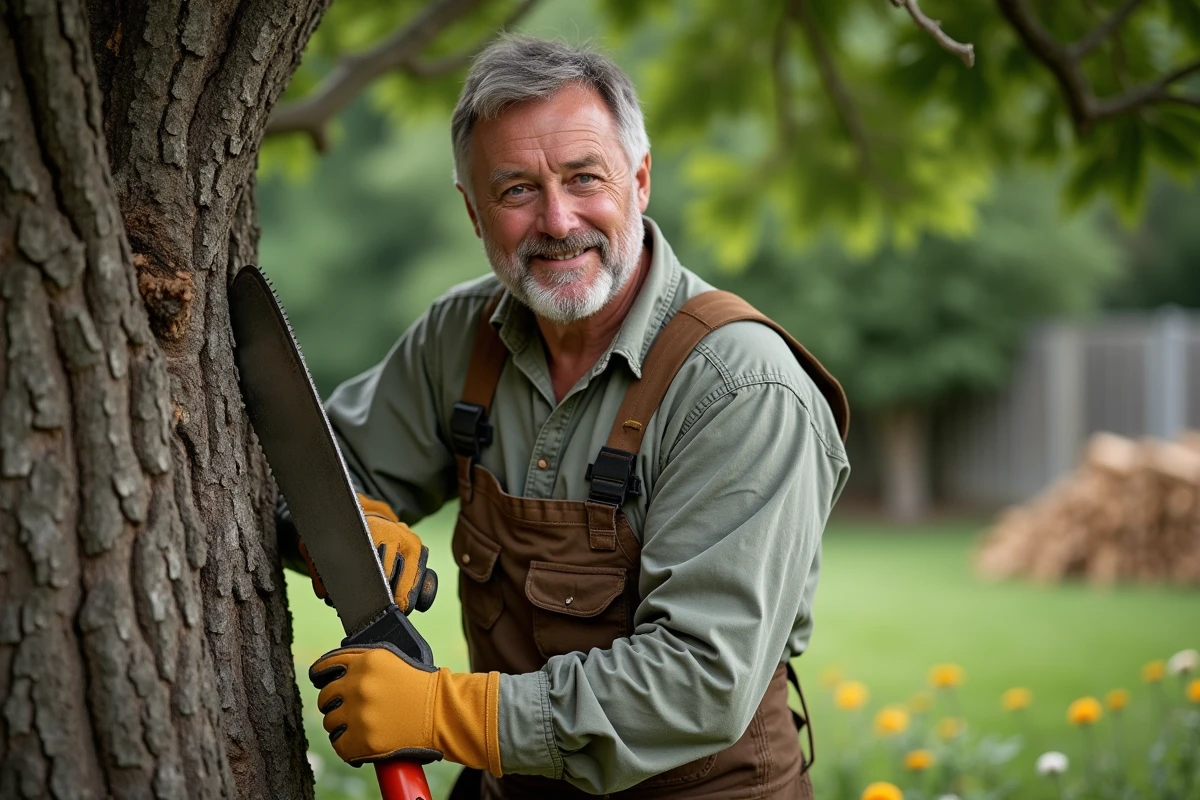 Homme taillant un chene mature dans un jardin verdoyant