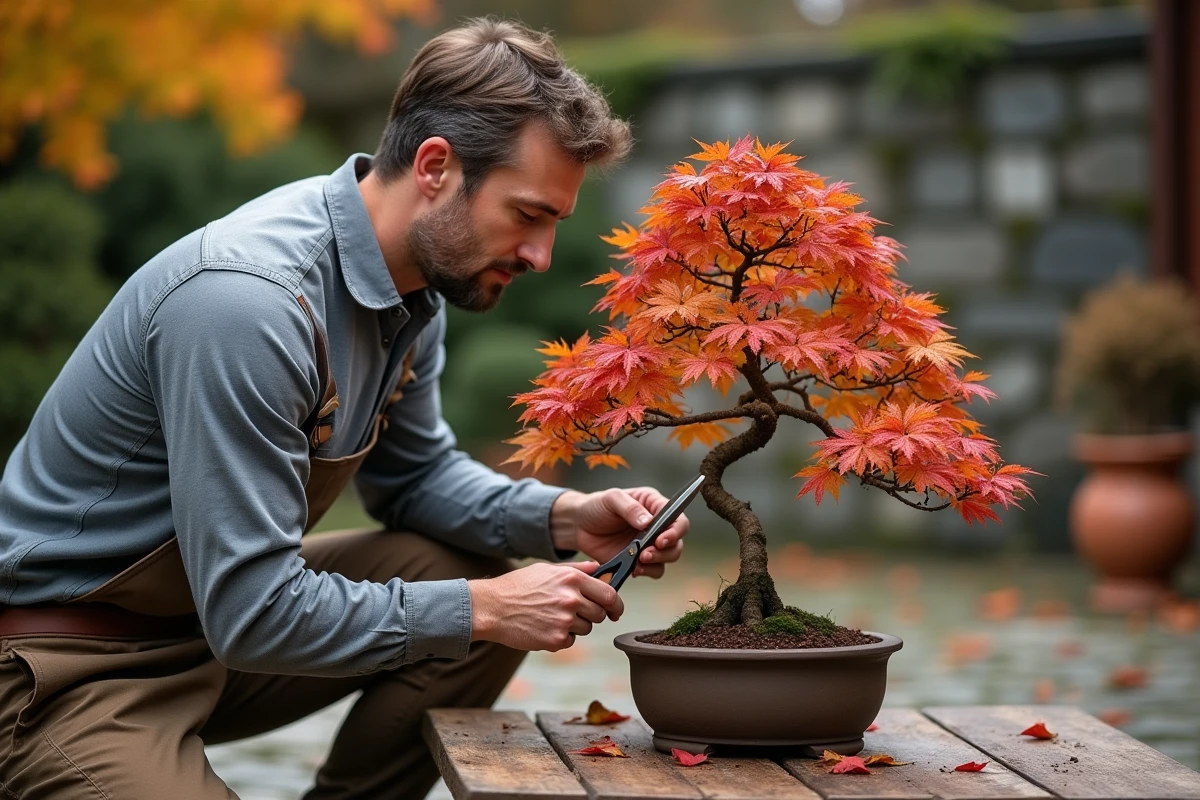 Homme taillant un bonsaï d'érable du Japon en automne sur un établi en bois, feuilles orangées et rouges visibles