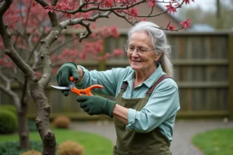 Femme taillant un érable du Japon au printemps dans un jardin, gros plan sur les bourgeons rouges et les cisailles