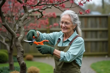 Femme taillant un érable du Japon au printemps dans un jardin, gros plan sur les bourgeons rouges et les cisailles