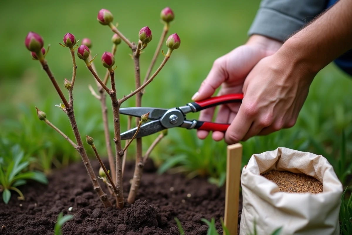 Taille et fertilisation d'une pivoine arbustive en première année avec sécateur et engrais organique