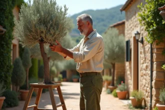 Jardinier taillant un olivier en nuage avec des cisailles dans un jardin méditerranéen