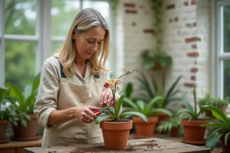 Femme taillant une tige d'orchidée fanée avec des ciseaux de jardinage au-dessus d'un pot en terre cuite dans une véranda