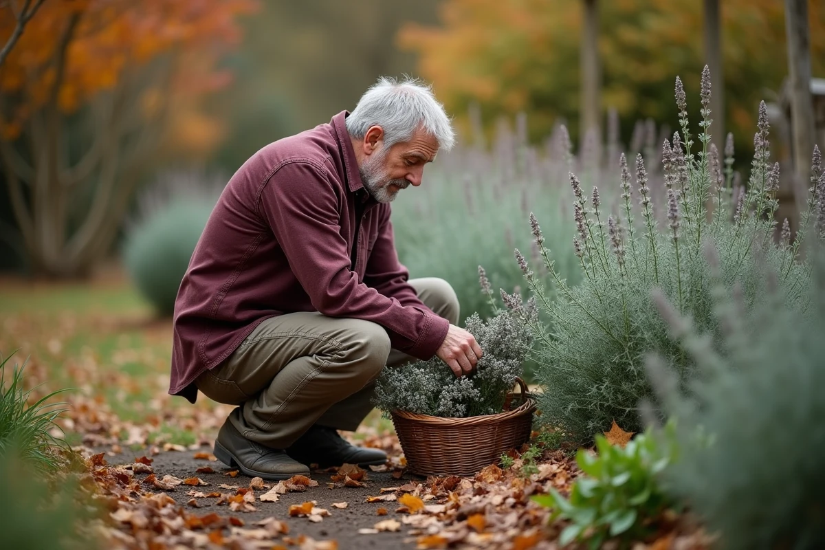 Homme taillant une sauge en automne dans un jardin de cottage, ramassant les tiges coupées dans un panier en osier
