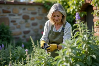 Femme taillant une sauge dans un massif fleuri au printemps avec un sécateur, portant tablier en lin et gants de jardinage