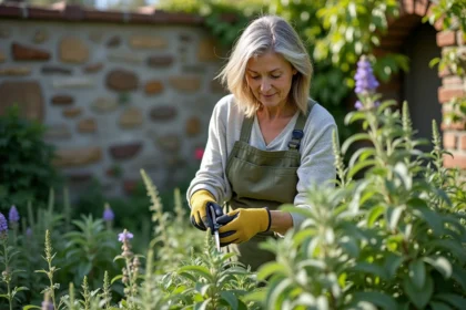 Femme taillant une sauge dans un massif fleuri au printemps avec un sécateur, portant tablier en lin et gants de jardinage