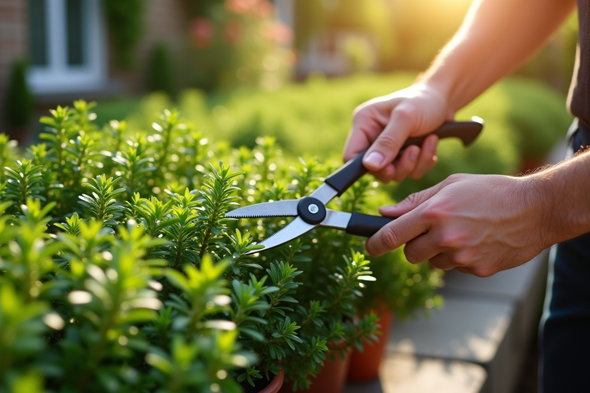 Personne taillant un thym luxuriant avec des ciseaux de jardin