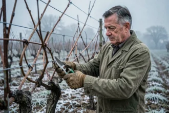 Vigneron taillant une vigne en hiver selon la méthode Guyot dans un vignoble français sous la brume matinale