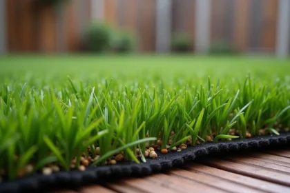 Gros plan sur une pelouse synthétique économique avec texture des fibres et granulés d'engazonnement visibles dans un jardin résidentiel