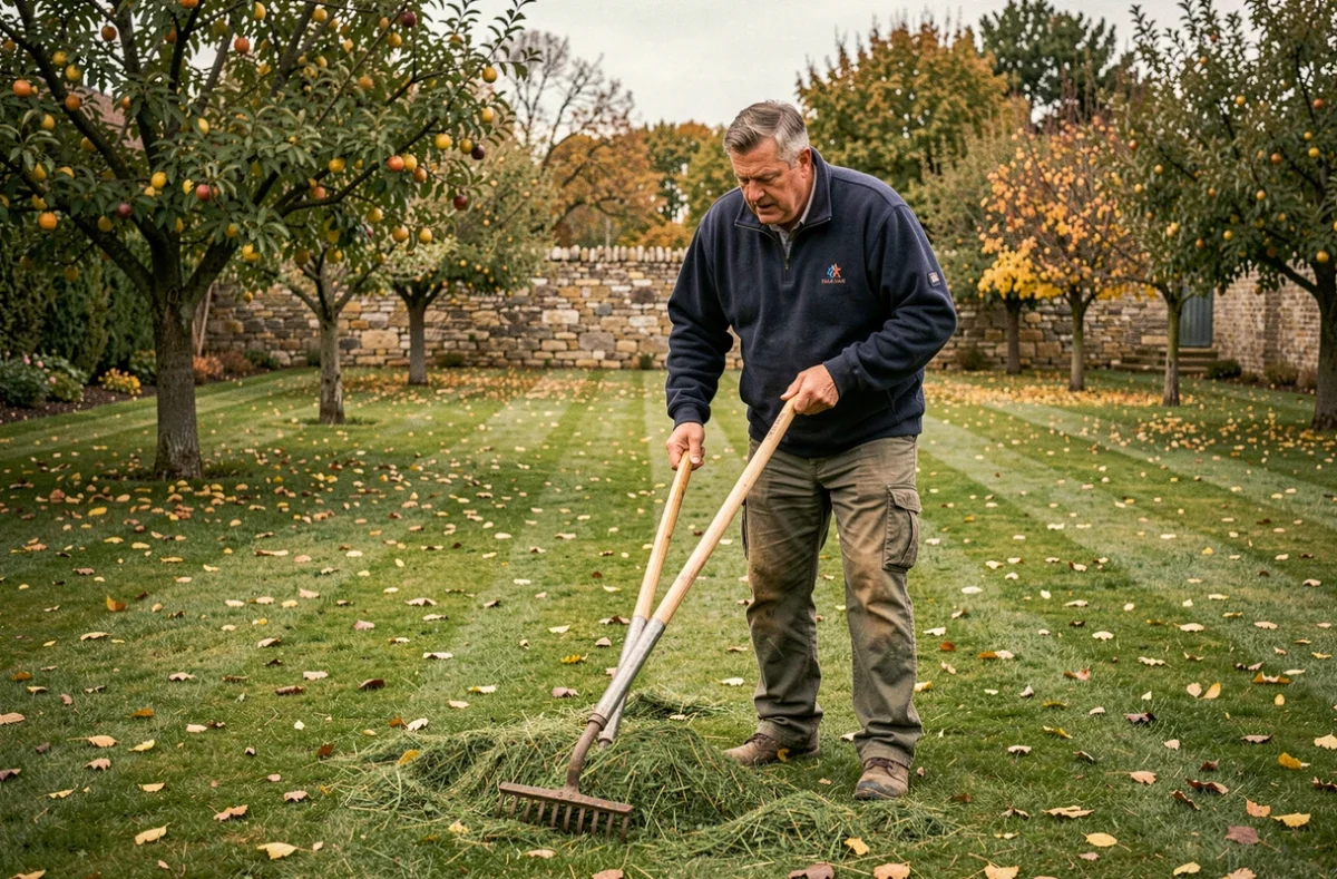 Jardinier de Thierry Paysages ratissant une pelouse résidentielle en automne dans le Pas-de-Calais