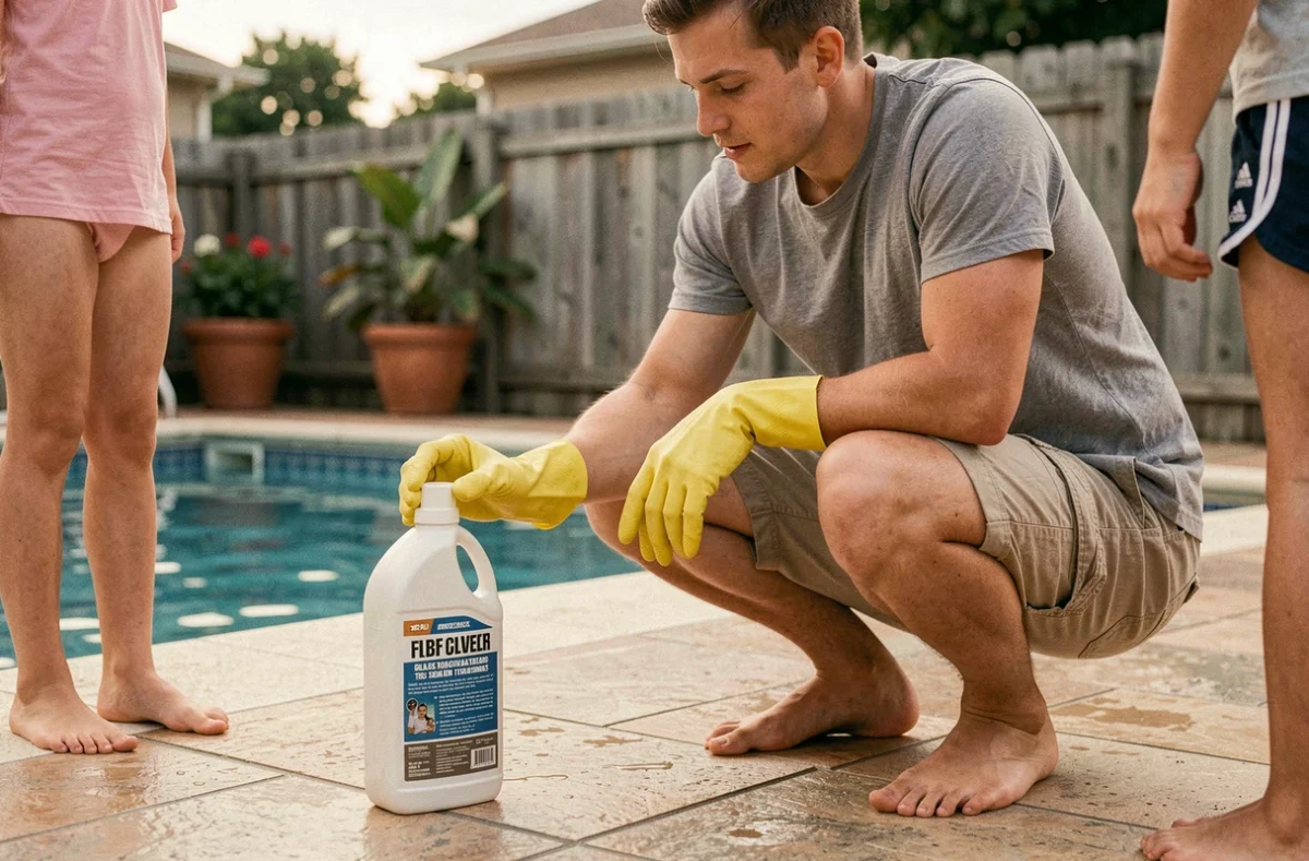 Parent lisant les instructions d'un produit de traitement de piscine pour protéger les baigneurs des vers parasites