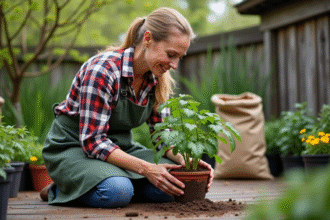 Femme transplantant une tomate dans un pot en jardin
