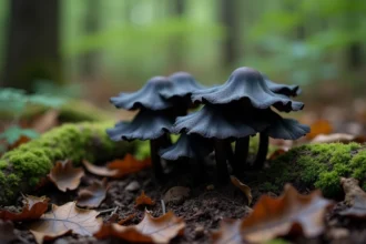 Gros plan de trompettes de la mort noires poussant dans la forêt, champignons sauvages en forme d'entonnoir sur sol humide recouvert de feuilles mortes