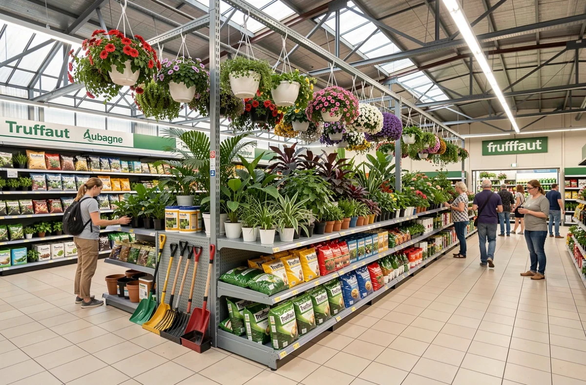 Intérieur du magasin Truffaut à Aubagne avec des plantes tropicales en suspension, des outils de jardinage et des rayons bien organisés