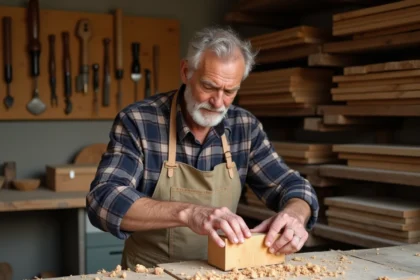 Sculpteur sur bois vérifiant la sécheresse d'un bloc de tilleul brut dans un atelier traditionnel