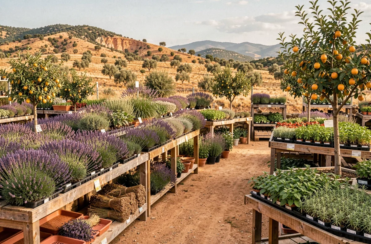 Jardinerie Vert Luberon avec des lavandes, des plantes provençales et des semis de légumes avec les collines du Luberon en arrière-plan