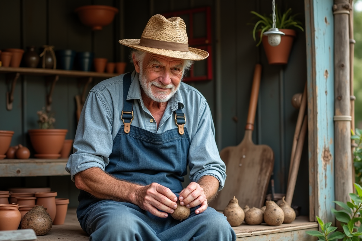 Homme âgé étiquetant des tubers de belle de nuit dans un atelier