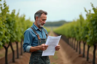 Viticulteur lisant la réglementation sur la bouillie bordelaise dans un vignoble français au printemps